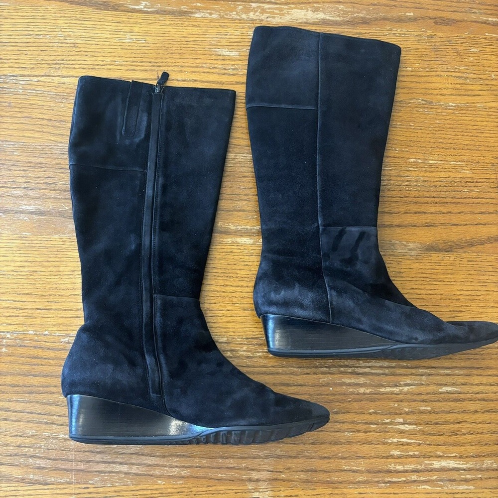 New COLE HAAN Wedge Black Knee-High Suede Boots Size 8